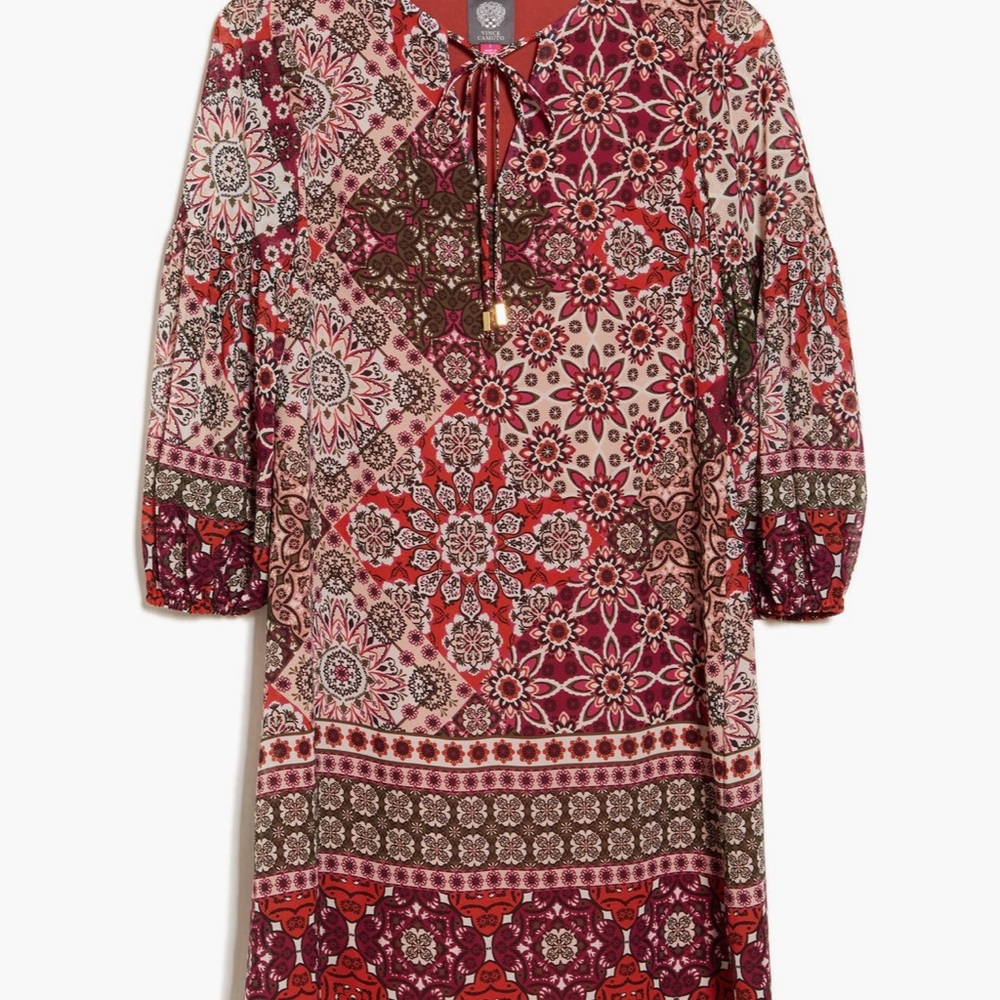 Vince Camuto Red and Brown Patterned Long Sleeve Dress